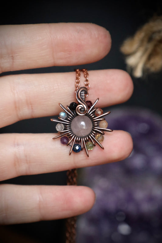 Rose Quartz Rainbow Gemstone Bead Sun Pendant in Copper