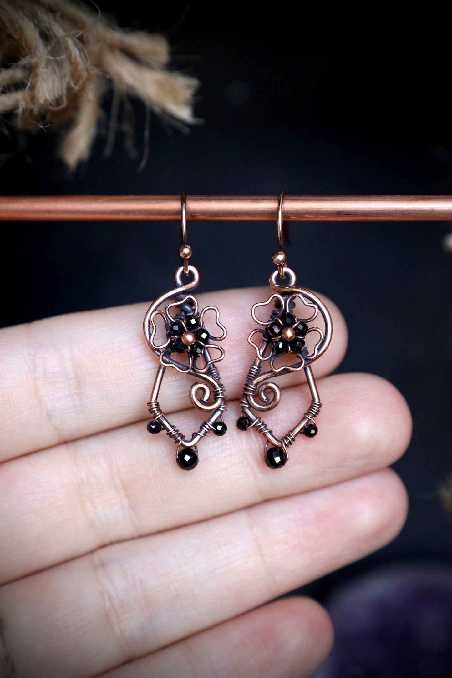 Black Spinel Wildflower Earrings in Copper