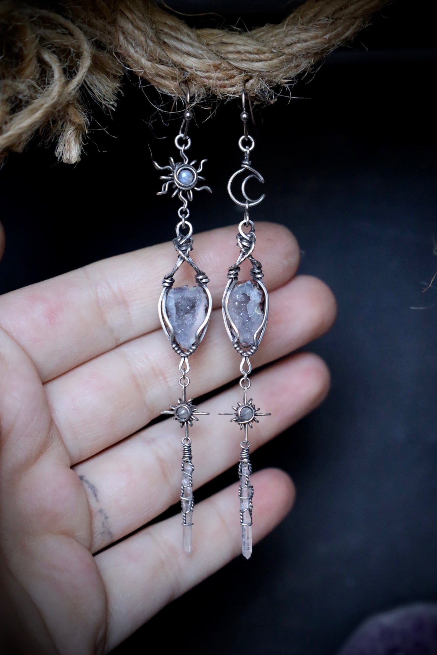 Tabasco Geode, Quartz Crystal and Moonstone Sun, Moon, and Star Earrings in Solid Sterling Silver