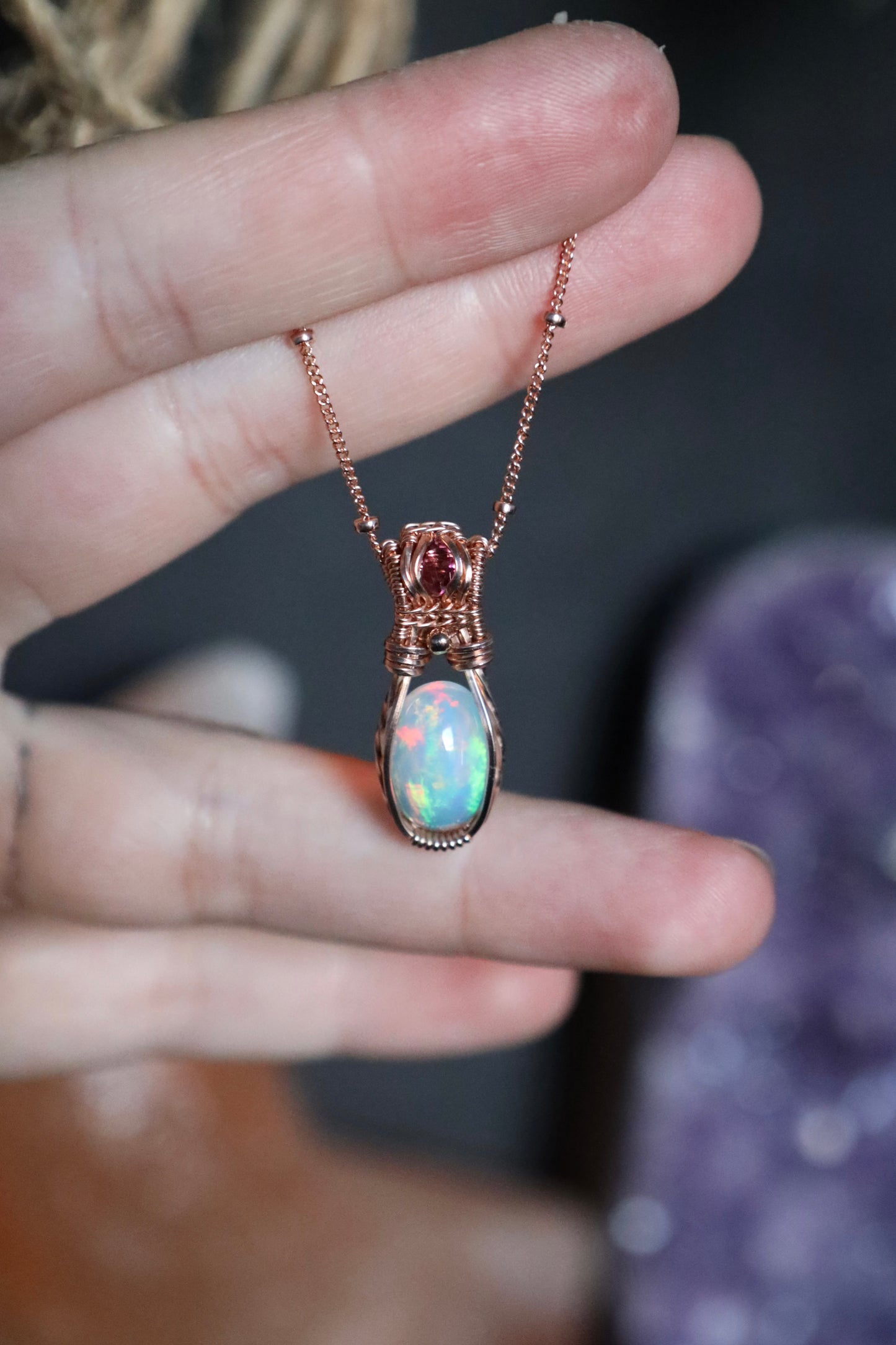 2.15 ct Opal and Pink Tourmaline Mini Pendant in 14k Rose Gold Fill