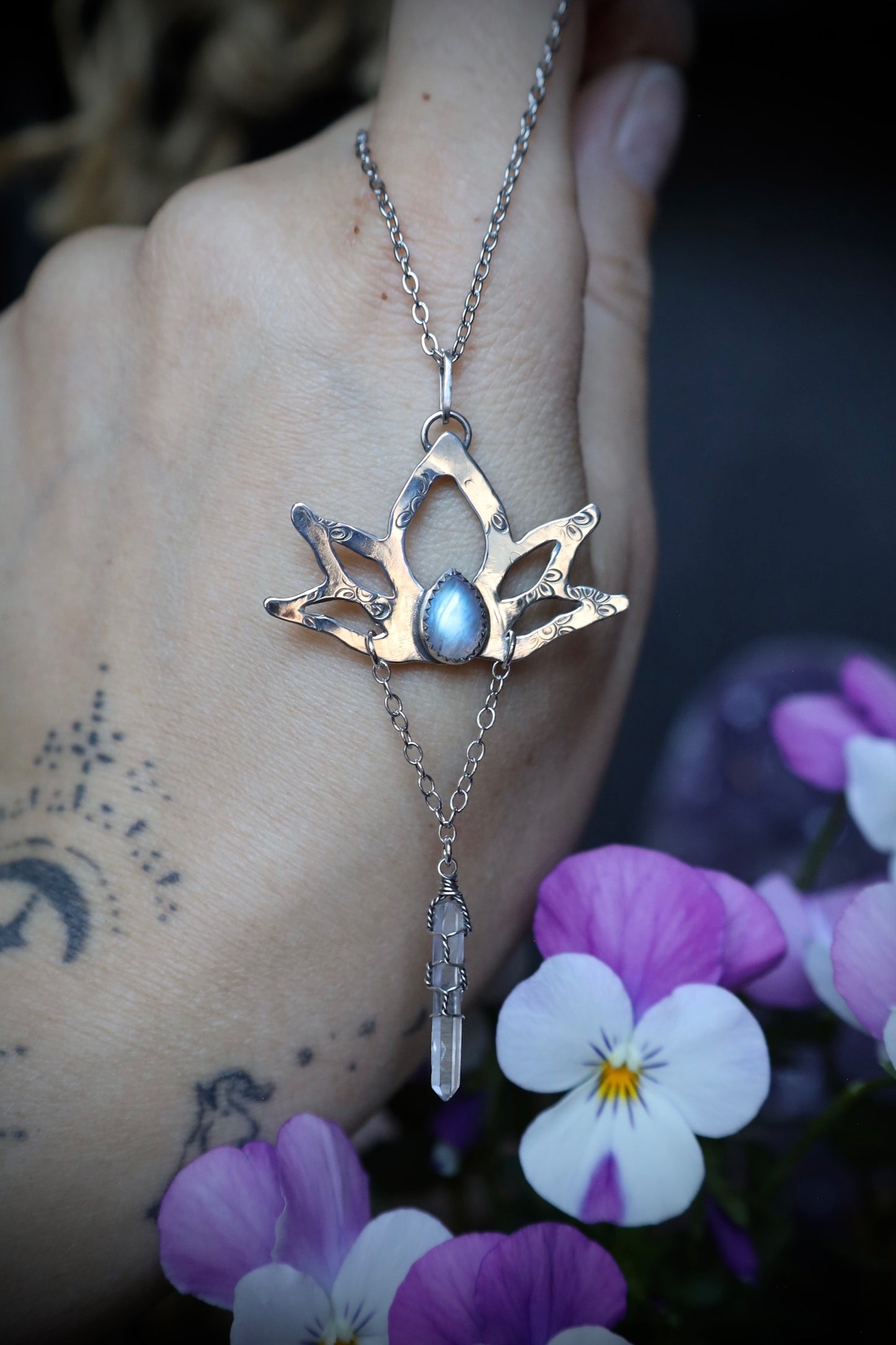 Moonstone and Quartz Crystal Lotus Necklace in Solid Sterling Silver