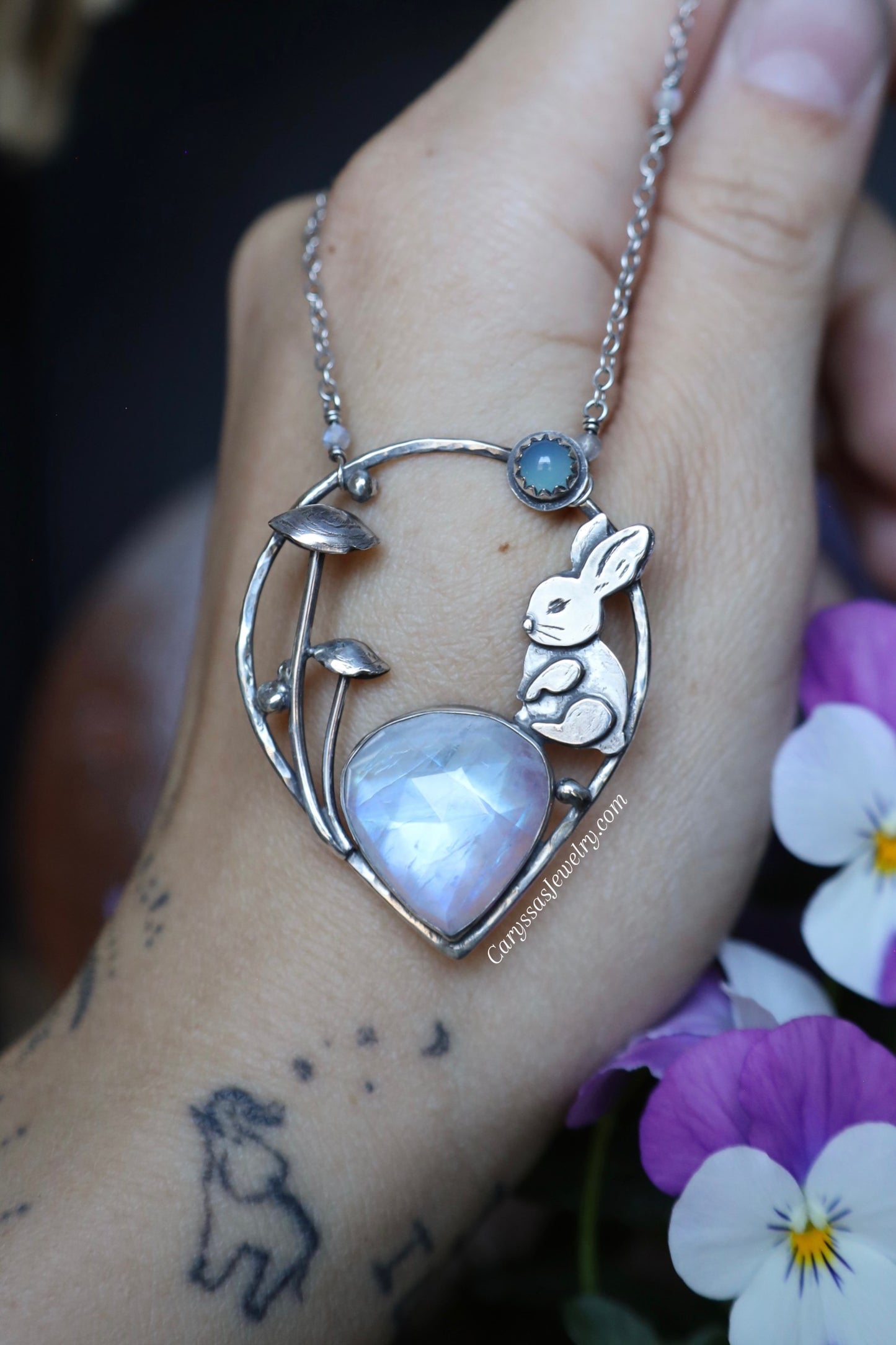 Rose Cut Moonstone and Blue Chalcedony Bunny and Mushroom Necklace in Solid Sterling Silver