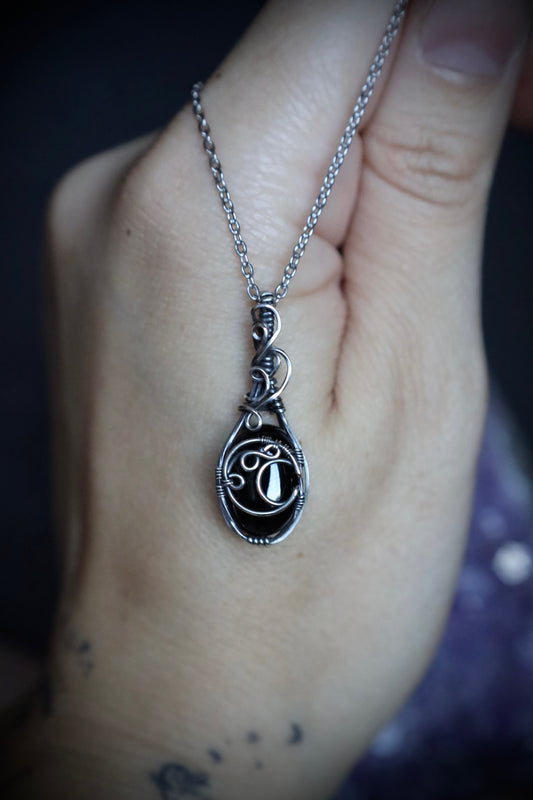 Black Agate Mini Moon Pendant in Solid Sterling Silver