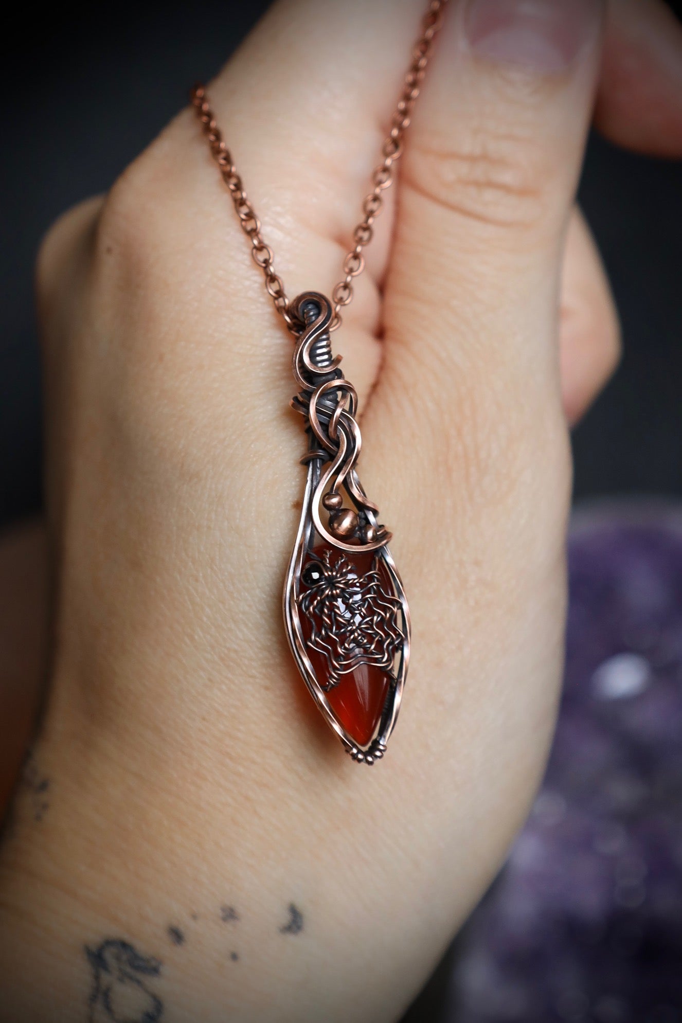 Carnelian and Black Spinel Spider-Web Pendant in Copper