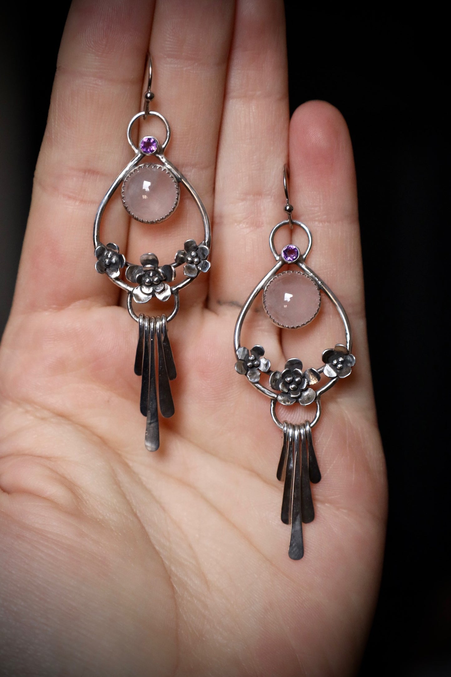 Rose Quartz and Amethyst Flower Fringe Earrings in Solid Sterling Silver