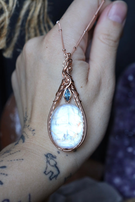 Moonstone and Blue Topaz Pendant in 14k Rose Gold Fill