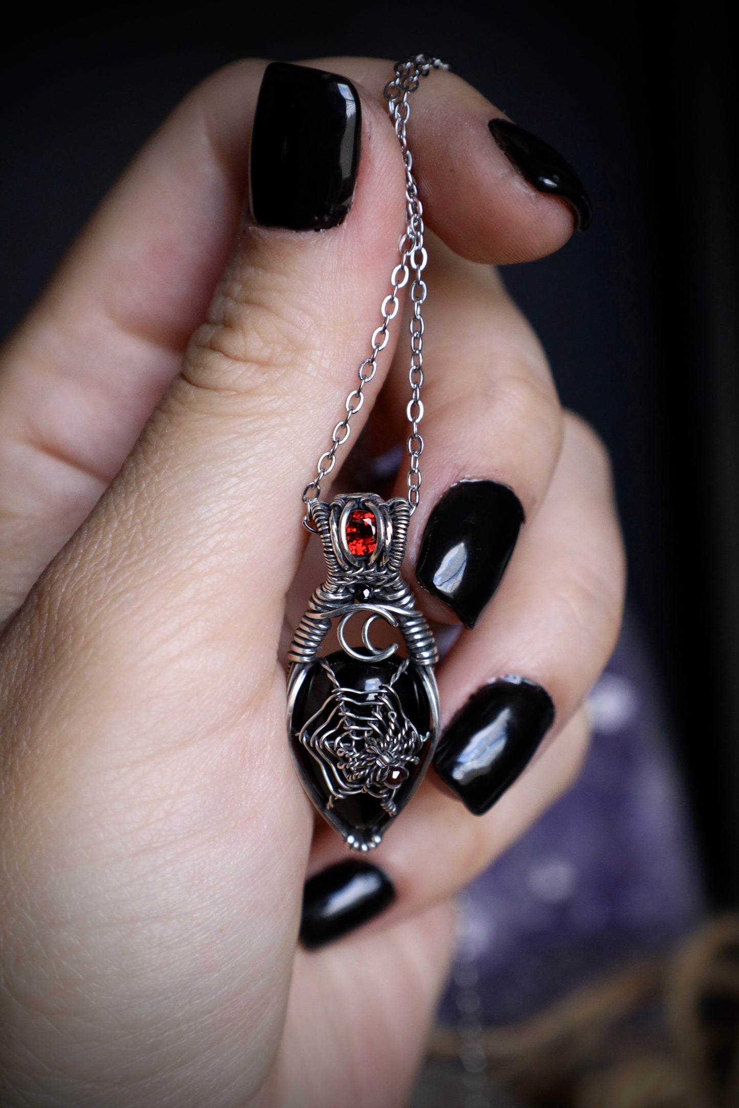 Black Agate and Garnet Spider-Web Moon Pendant in Solid Sterling Silver