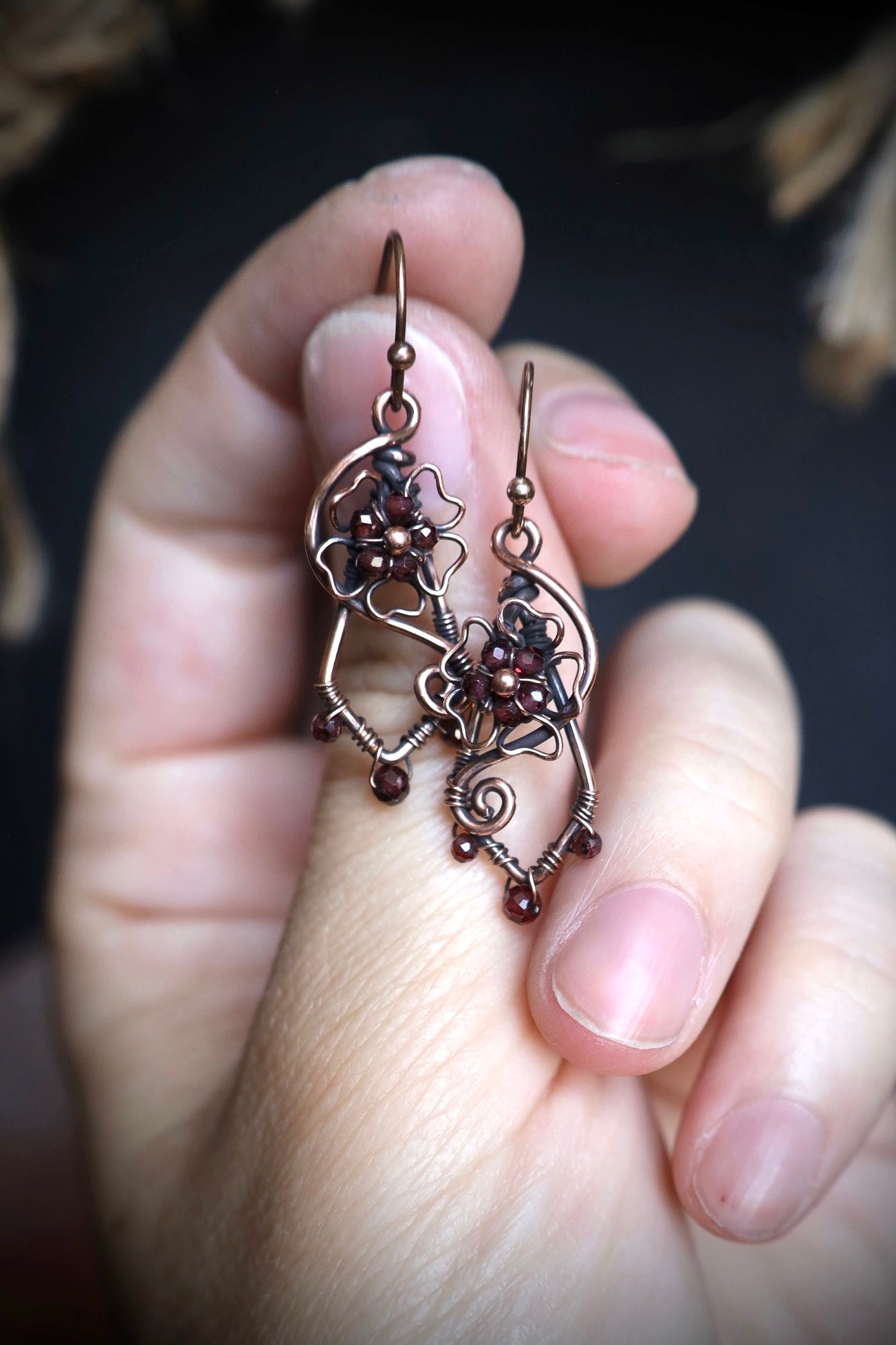 Garnet Wildflower Earrings in Copper