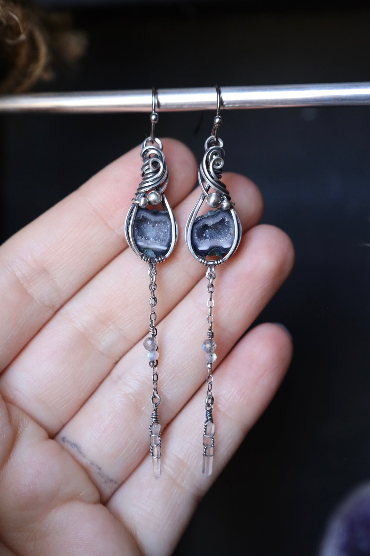 Tabasco Geode Labradorite and Quartz Crystal Dangle Earrings in Solid Sterling Silver