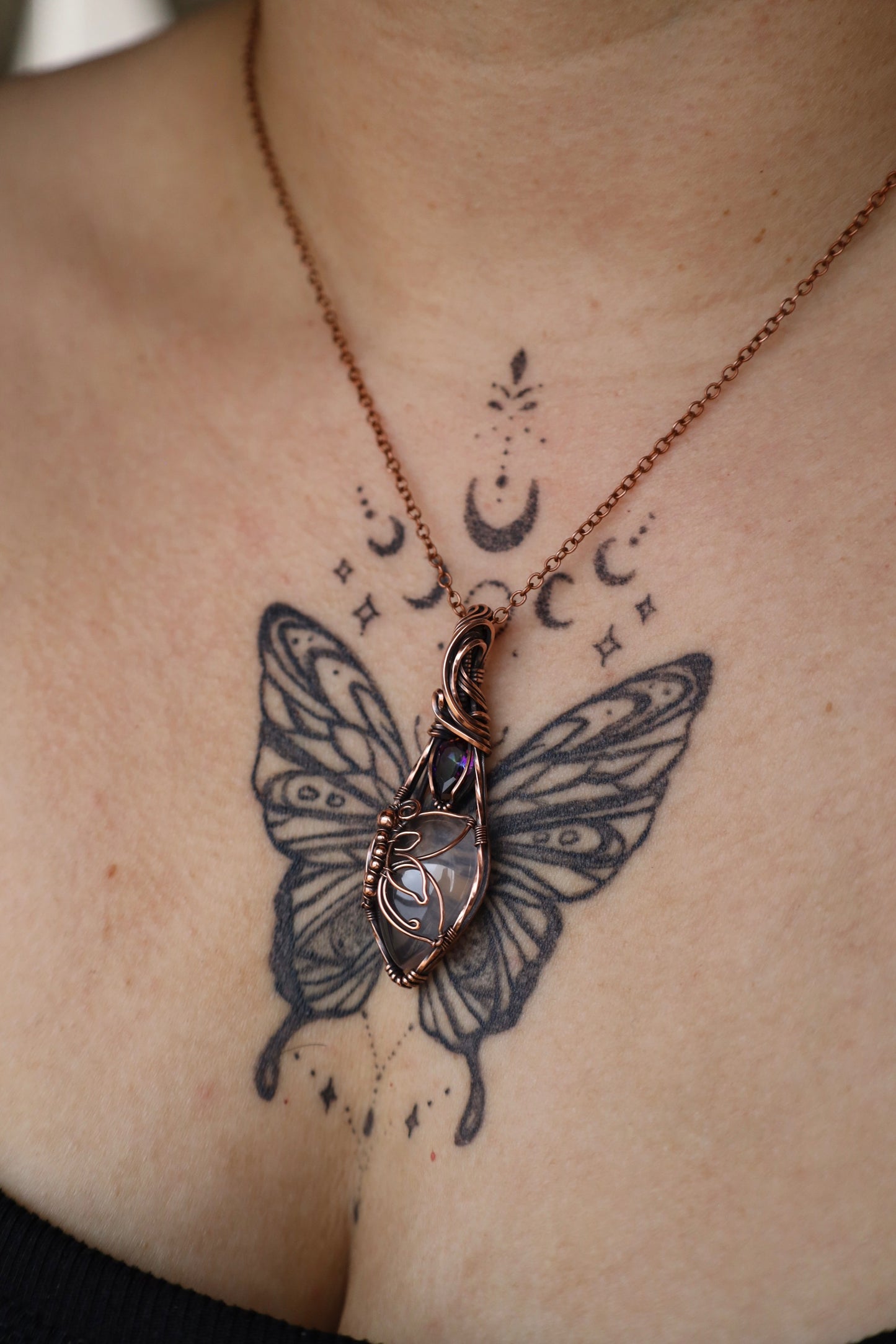 Rose Quartz and Mystic Topaz Butterfly Copper Pendant