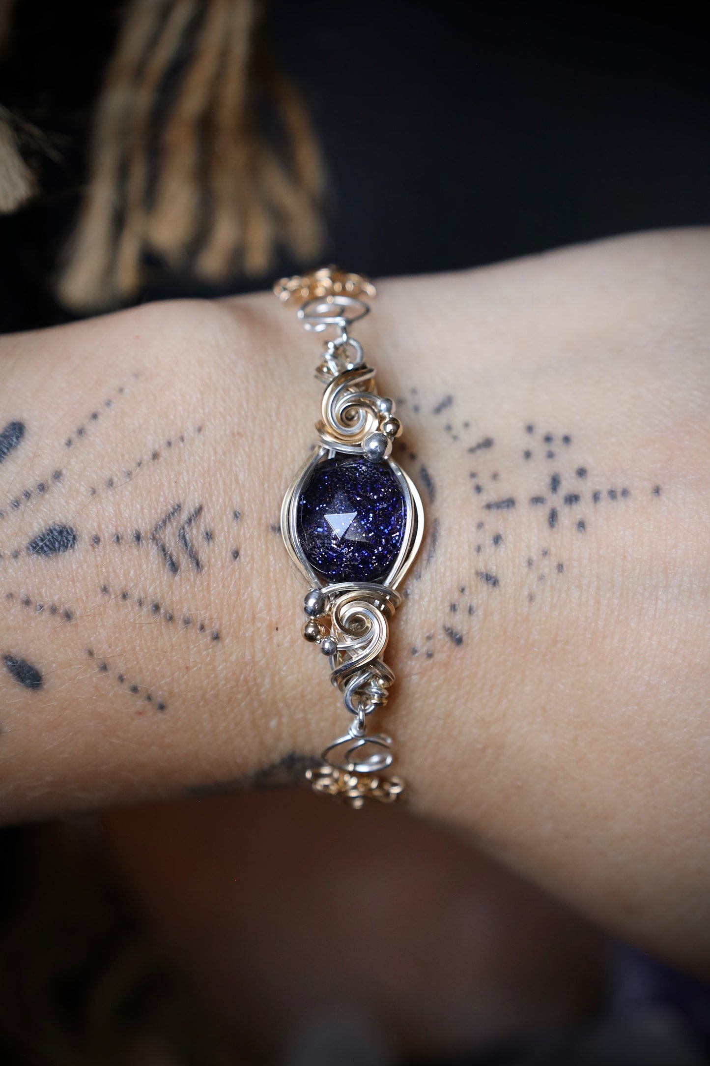 Blue Goldstone Sun and Moon Bracelet in 14k Goldfill and Sterling Silver