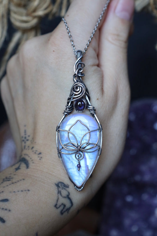 Moonstone and Iolite Lotus Pendant in Solid Sterling Silver