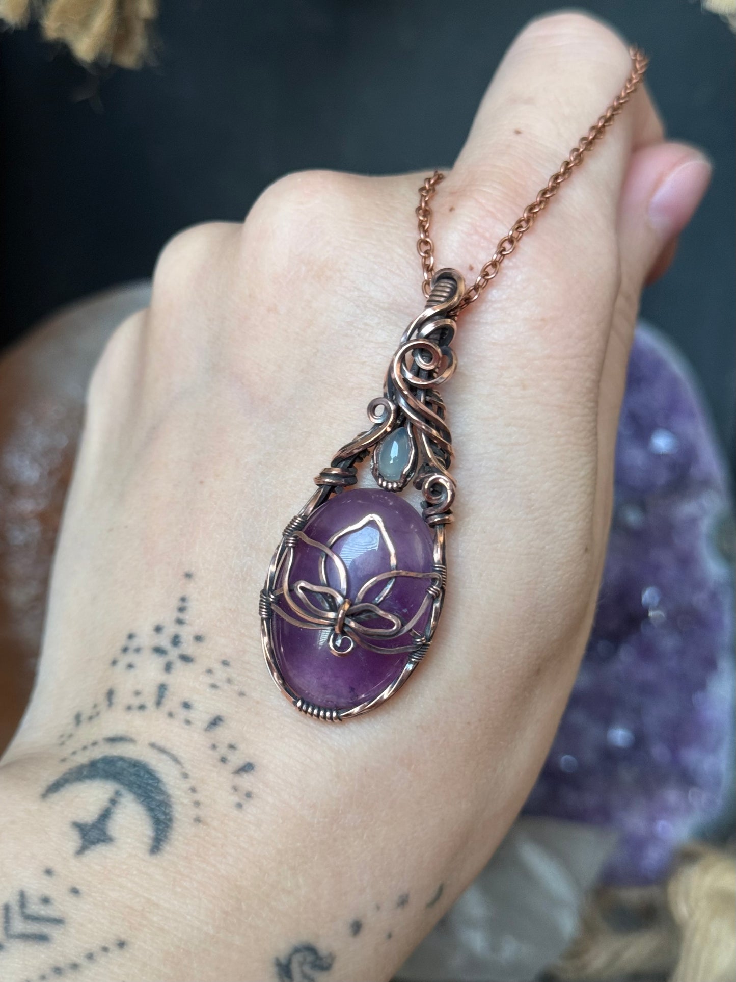 Amethyst and Aqua Chalcedony Lotus Pendant in Copper