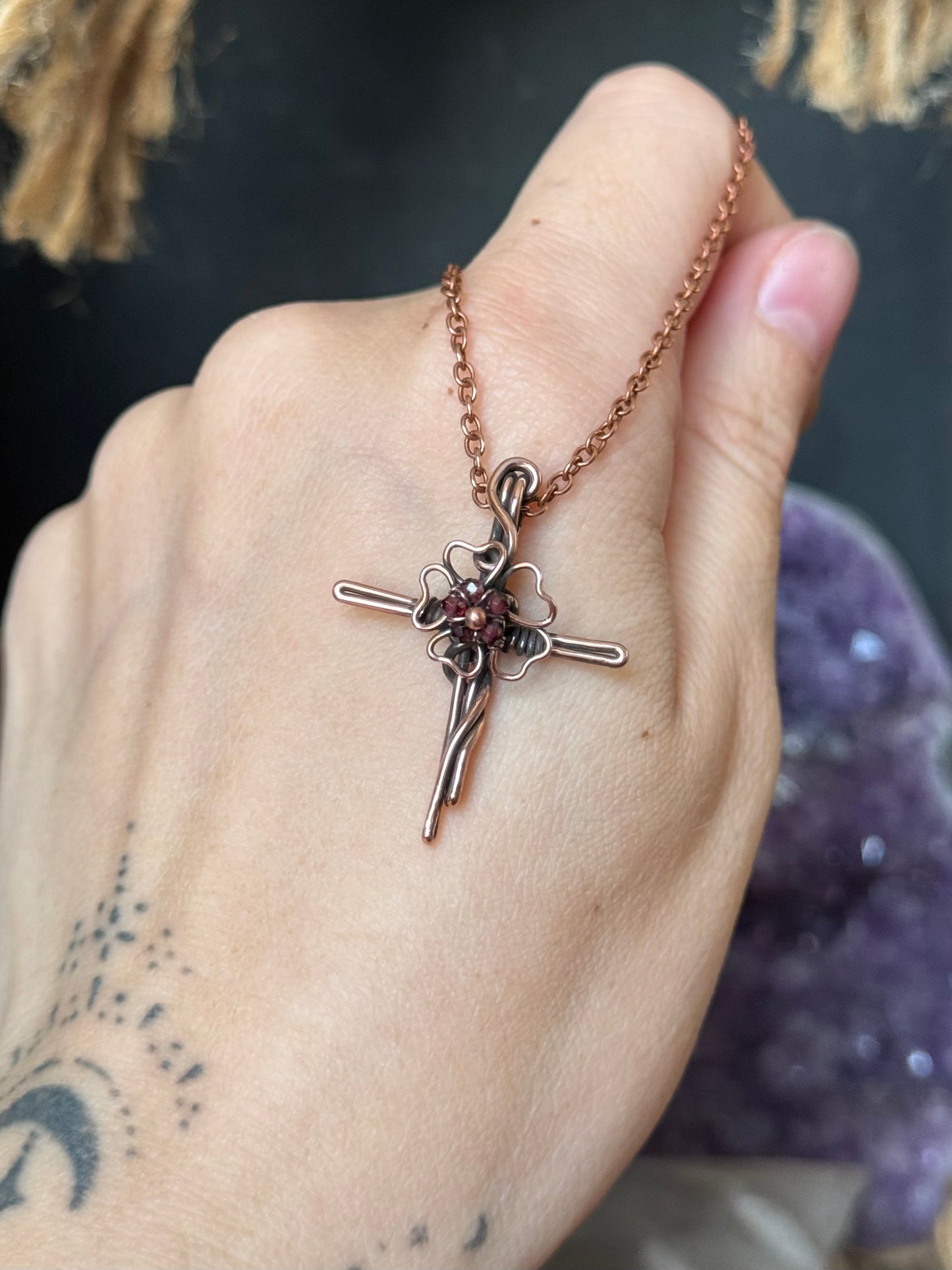 Garnet Flower Cross Pendant in Copper