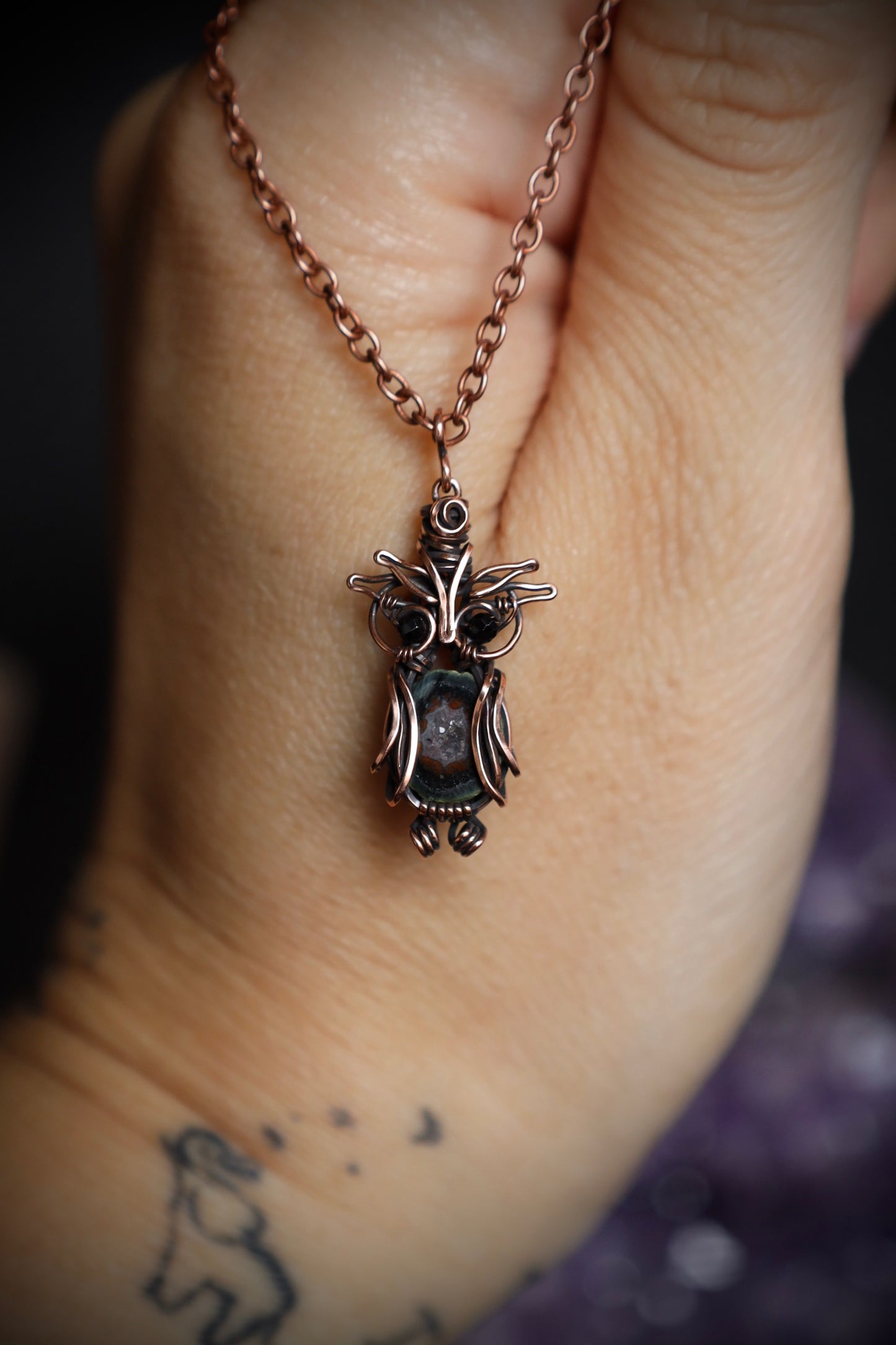 Red and Black Tabasco Geode Micro Owl with Black Spinel Eyes in Copper