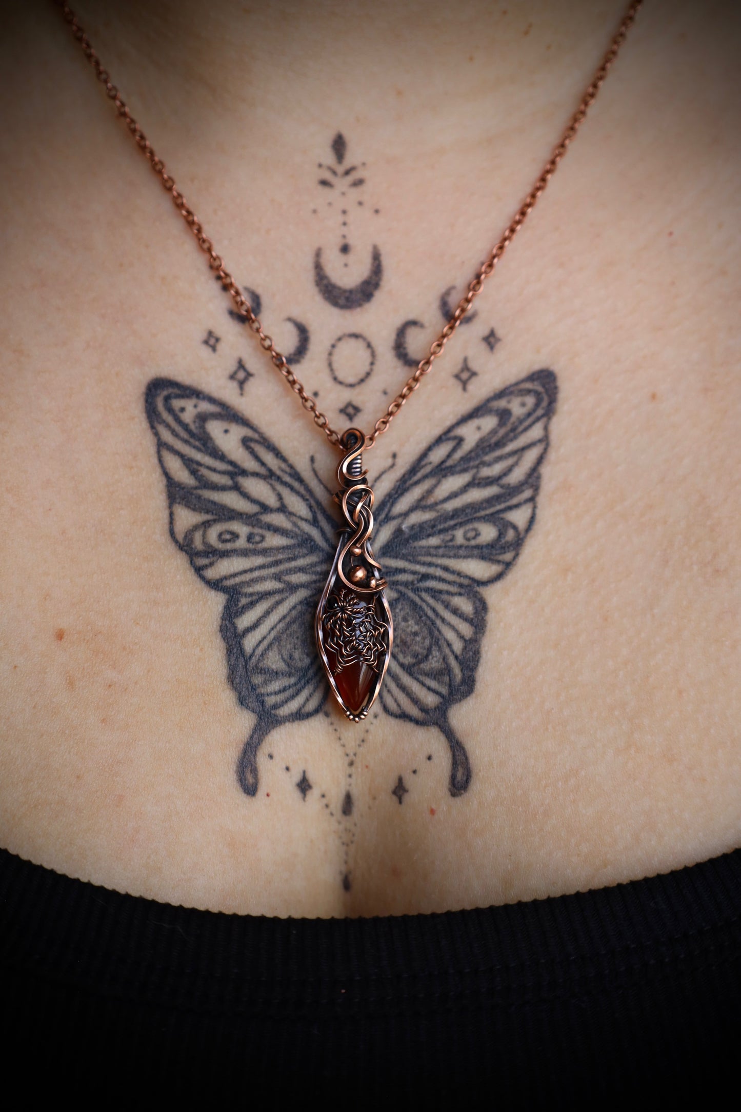 Carnelian and Black Spinel Spider-Web Pendant in Copper