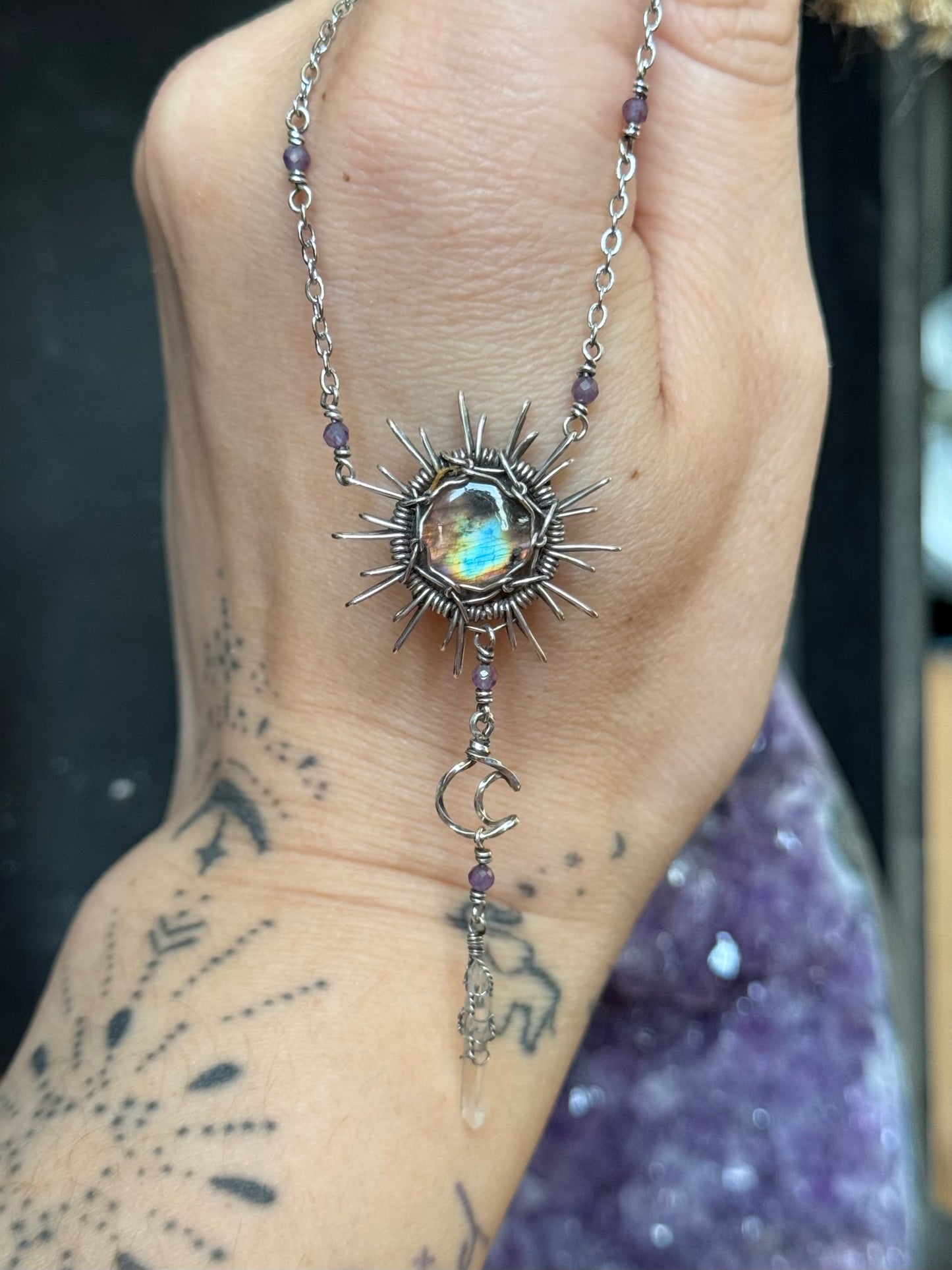 Labradorite Sun, Moon, Quartz Crystal and Amethyst Necklace in Antiqued Solid Sterling Silver