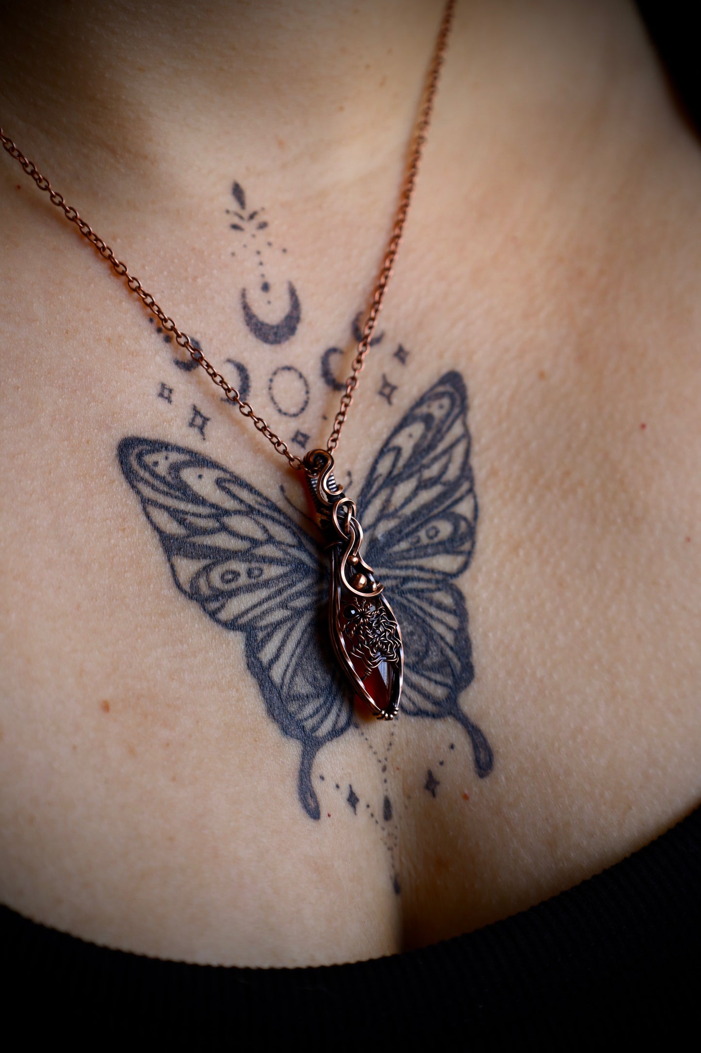 Carnelian and Black Spinel Spider-Web Pendant in Copper