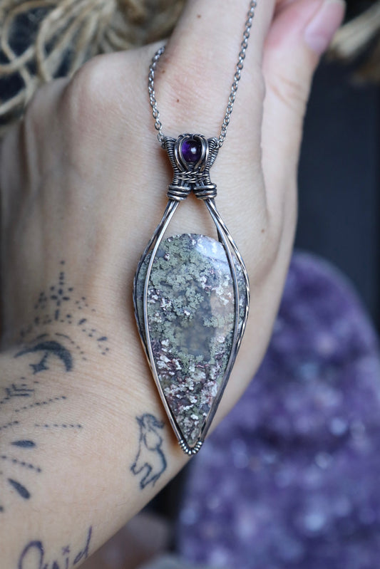 Moss Agate and Amethyst Pendant in Solid Sterling Silver