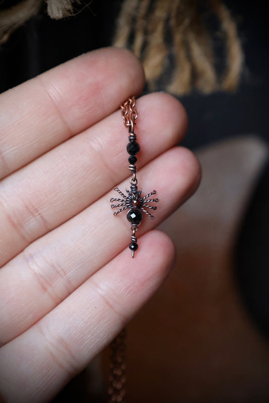 Black Spinel and Garnet Spider Copper Necklace