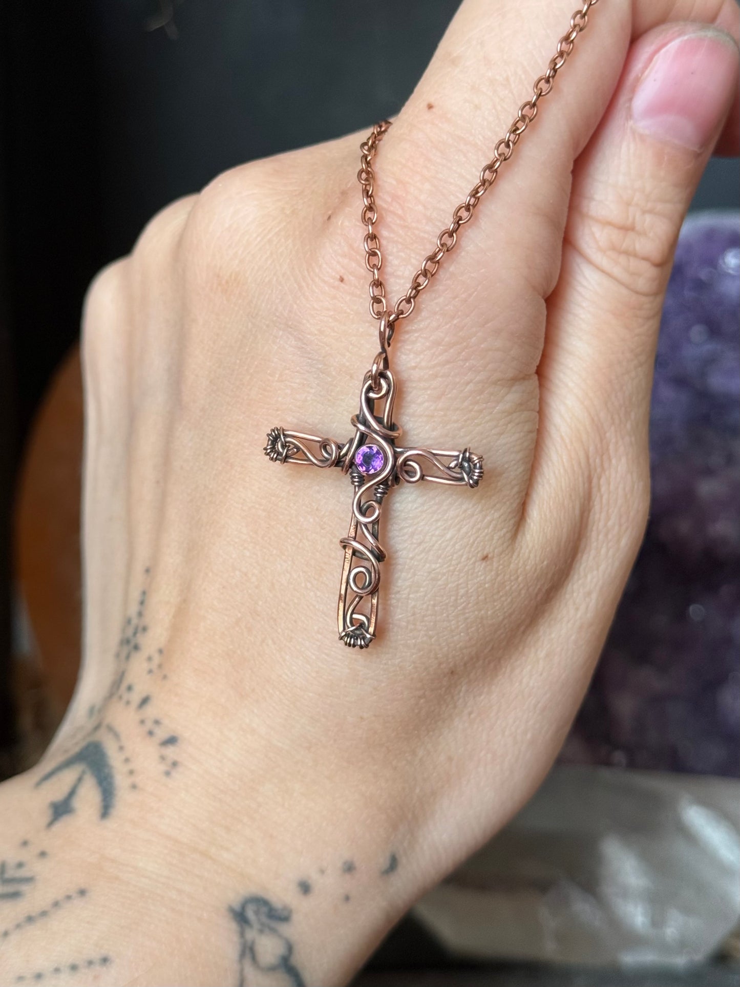 Amethyst Cross Pendant in Copper