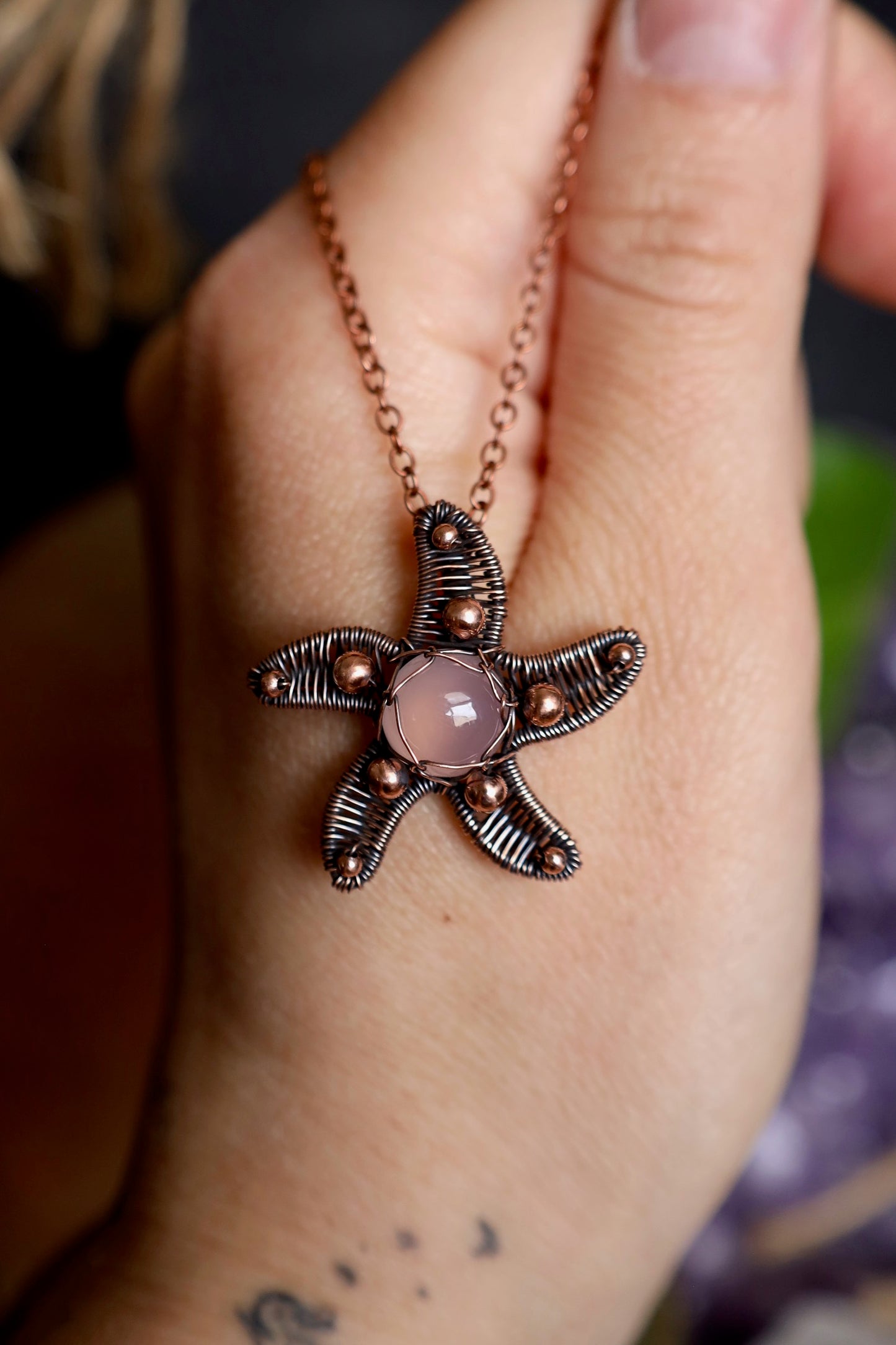 Pink Chalcedony Copper Starfish Pendant