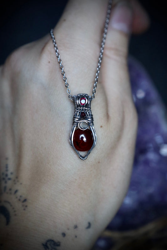 Garnet and Tourmaline Mini Moon Pendant in Solid Sterling Silver