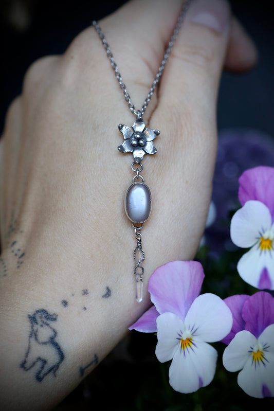 Gray Moonstone and Quartz Crystal Flower Necklace in Solid Sterling Silver