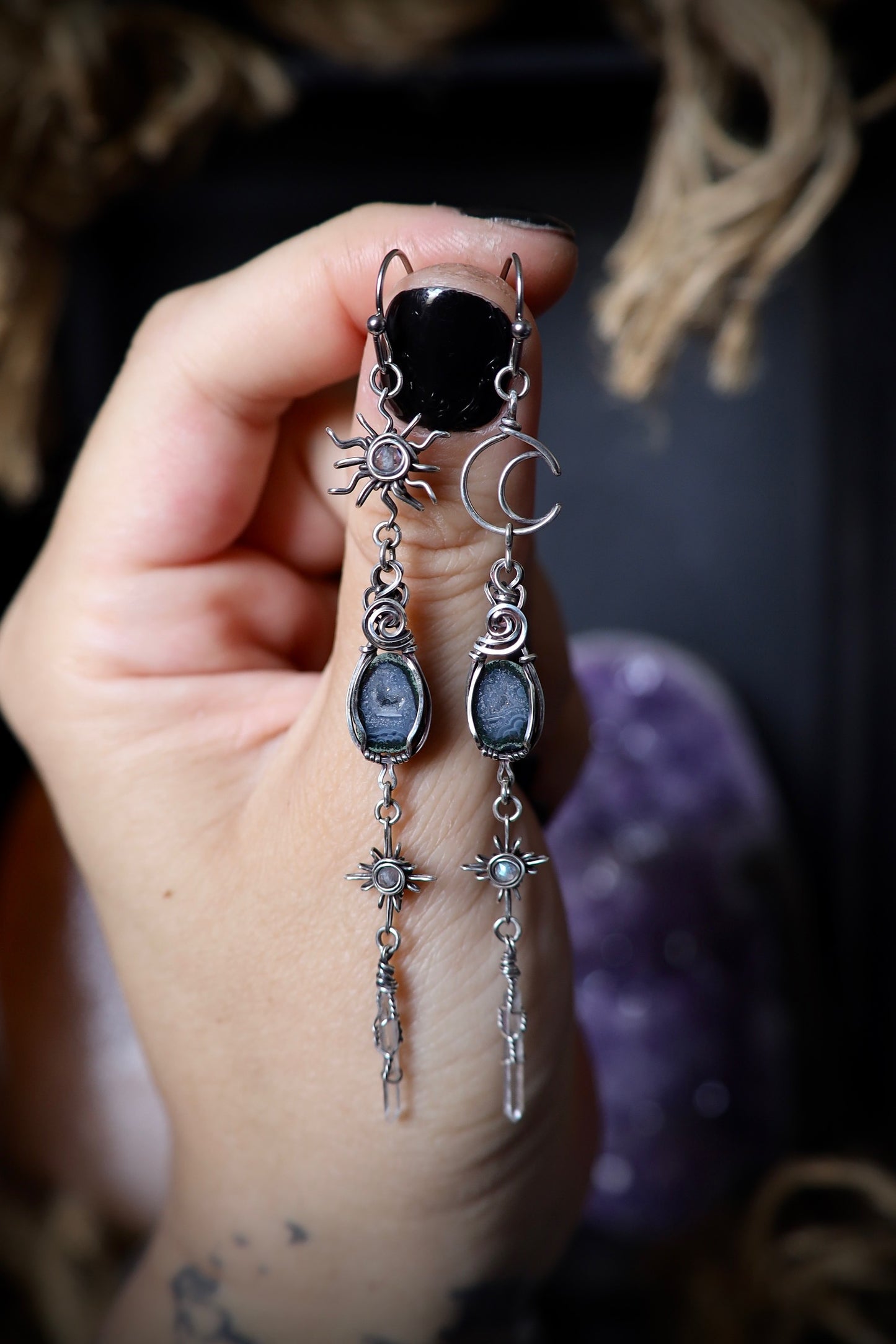 Sun, Moon, and Star Tiny Tabasco Geode Earrings in Antiqued Solid Sterling Silver