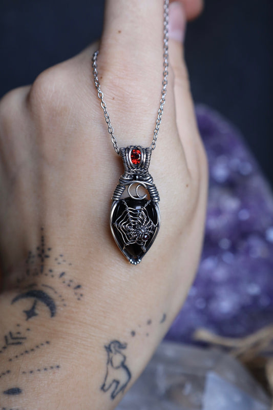 Black Agate and Garnet Spider-Web Moon Pendant in Solid Sterling Silver