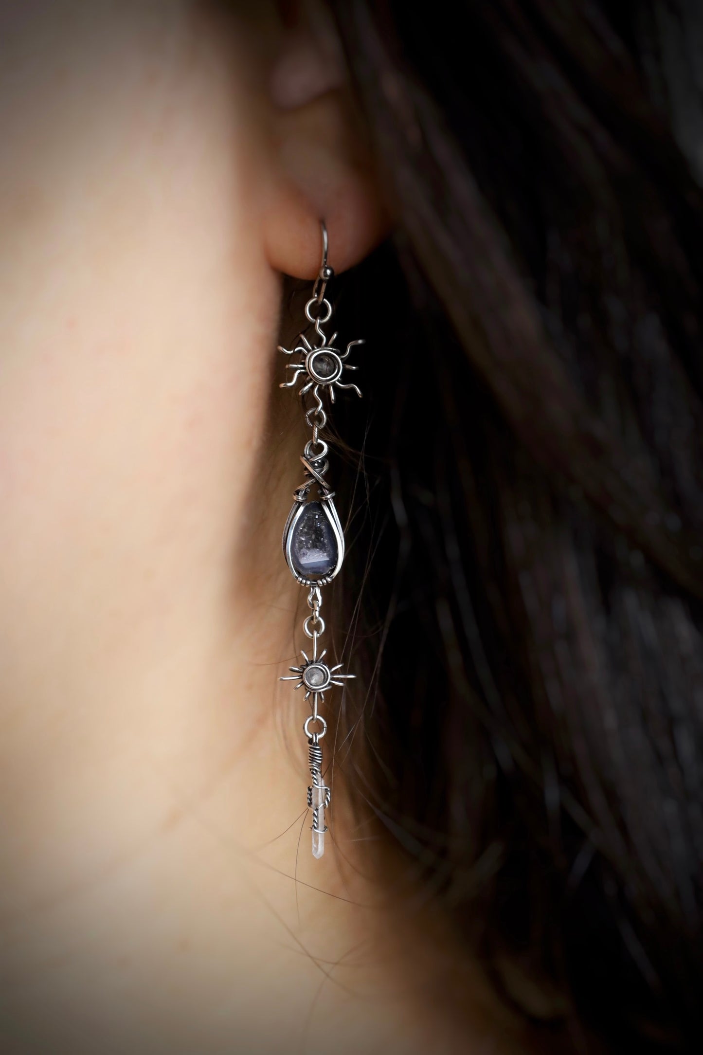 Sun, Moon, and Star Tiny Tabasco Geode Earrings in Antiqued Solid Sterling Silver