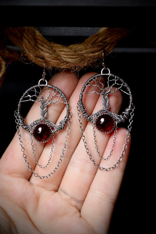 Garnet Braided Tree of Life Dangle Earrings in Solid Sterling Silver