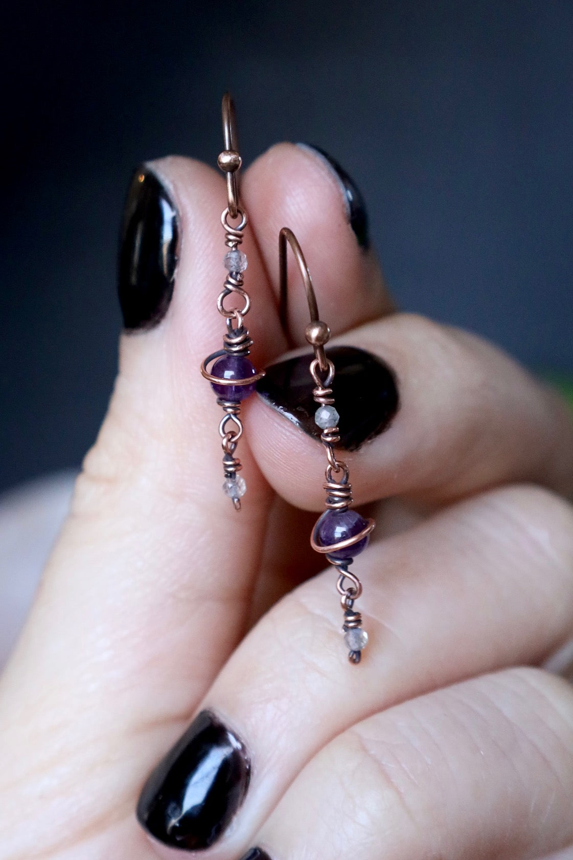 Amethyst and Labradorite Saturn Earrings in Copper