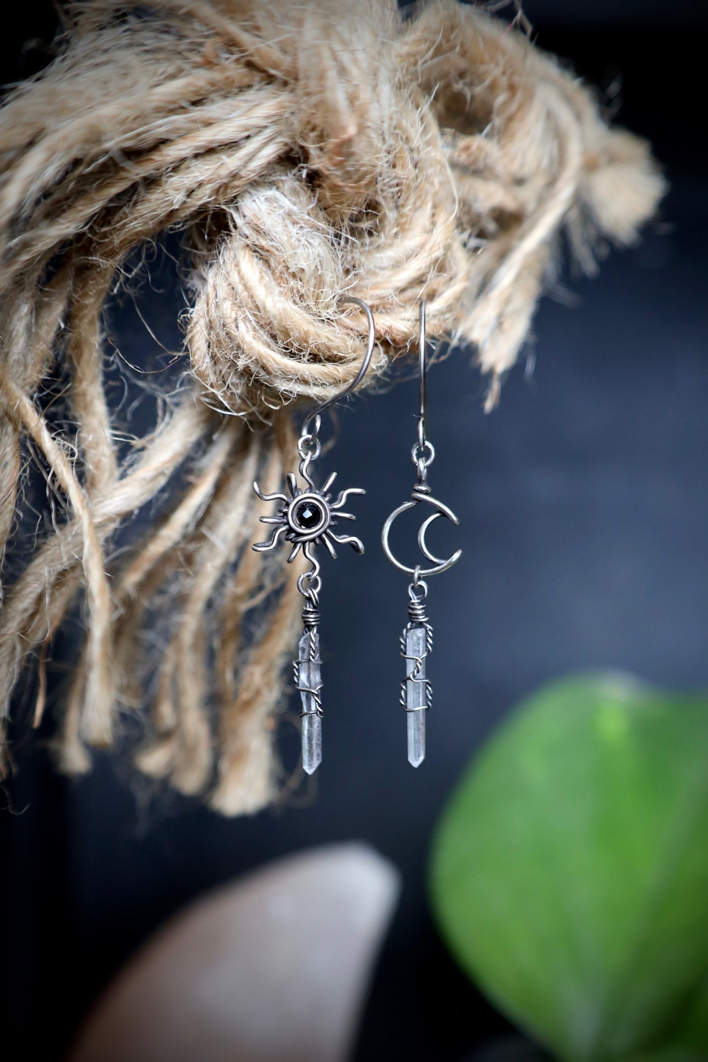 Black Spinel Sun, Moon and Quartz Crystal Earrings in Solid Sterling Silver