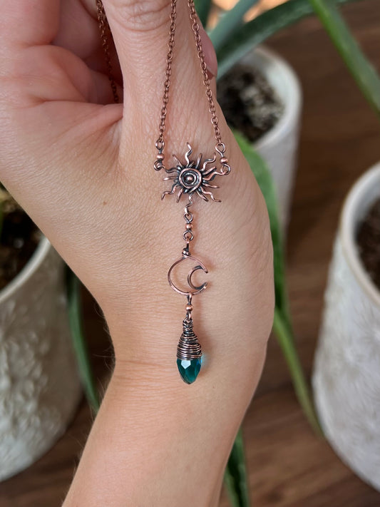 Copper Sun and Moon Necklace with Dark Turquoise Glass Crystal Dangle