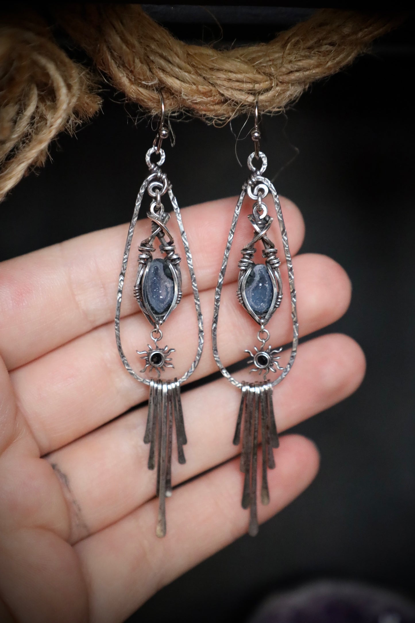 Black Spinel Sun and Tiny Geode Boho Earrings in Antiqued Solid Sterling Silver