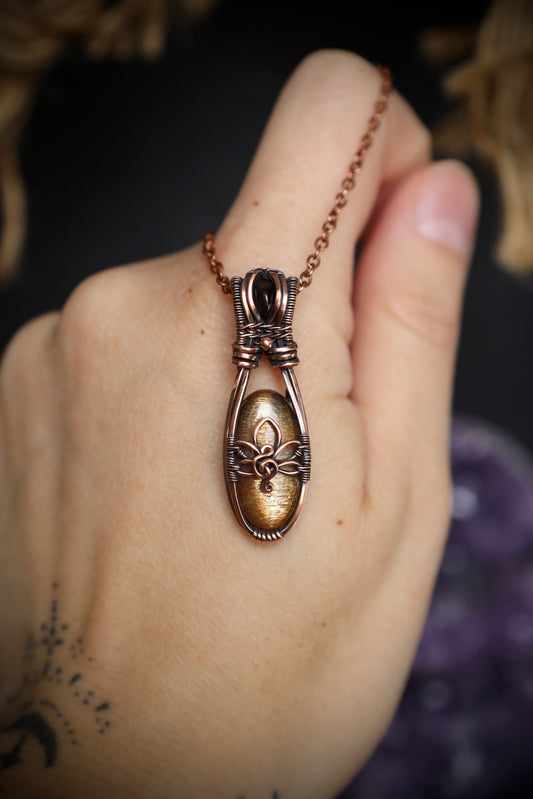 Mini Pendant-Golden Meteor Shower Sunstone and Smoky Quartz Lotus Pendant in Copper