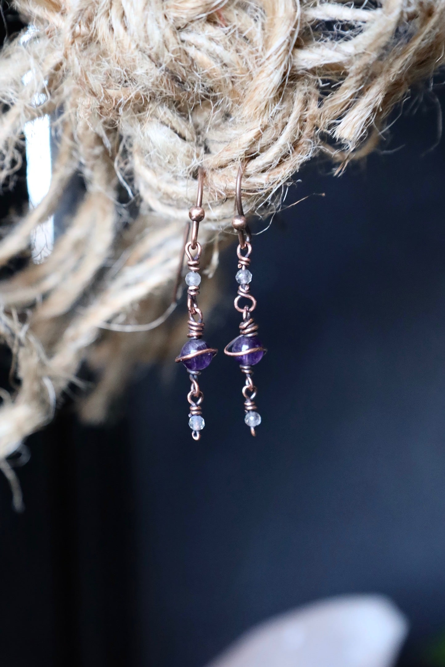 Amethyst and Labradorite Saturn Earrings in Copper