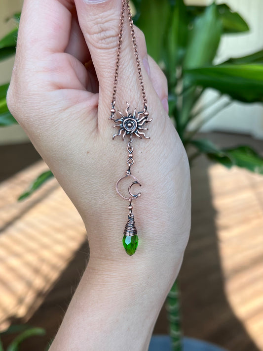 Copper Sun and Moon Necklace with Green Glass Crystal Dangle