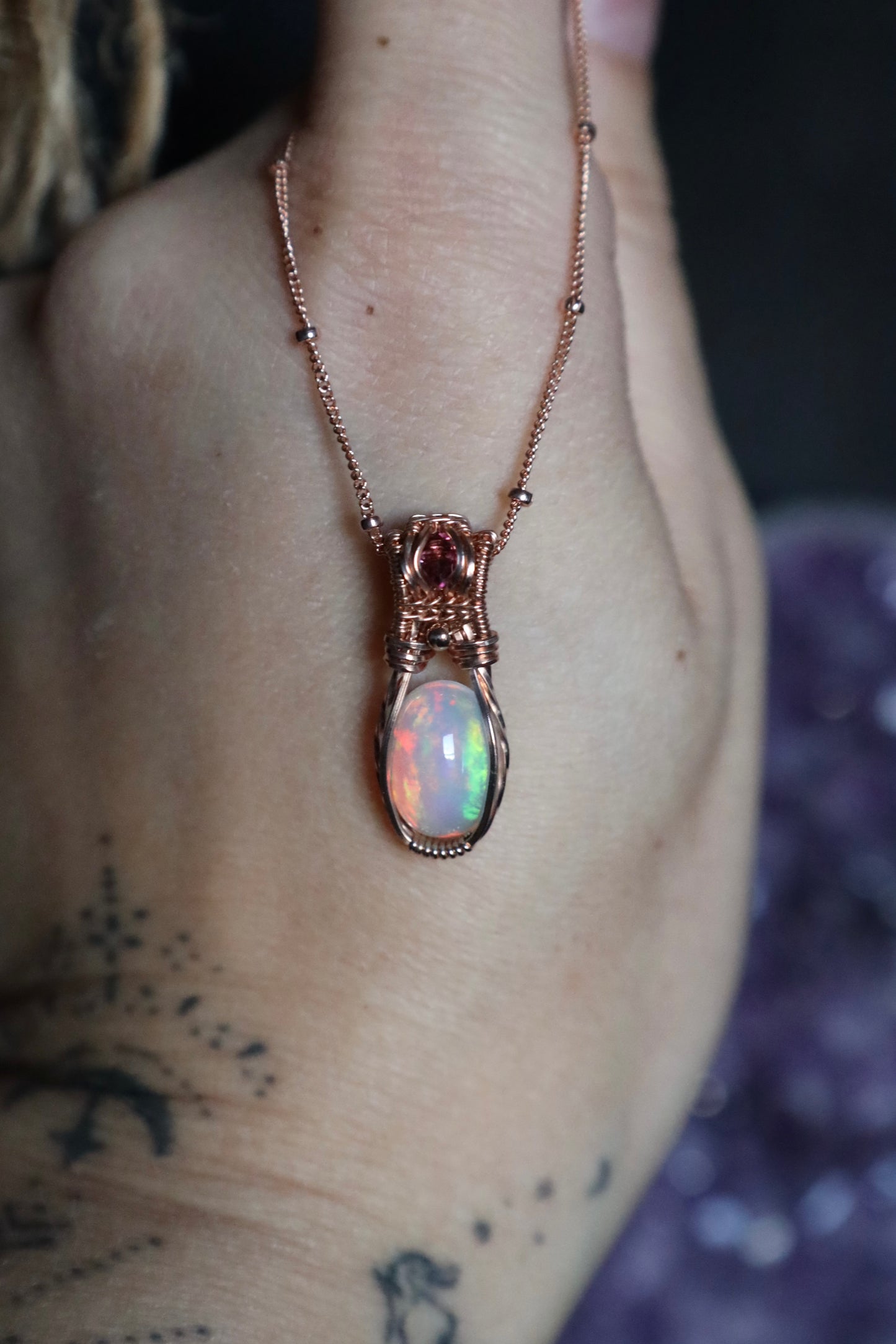 2.15 ct Opal and Pink Tourmaline Mini Pendant in 14k Rose Gold Fill