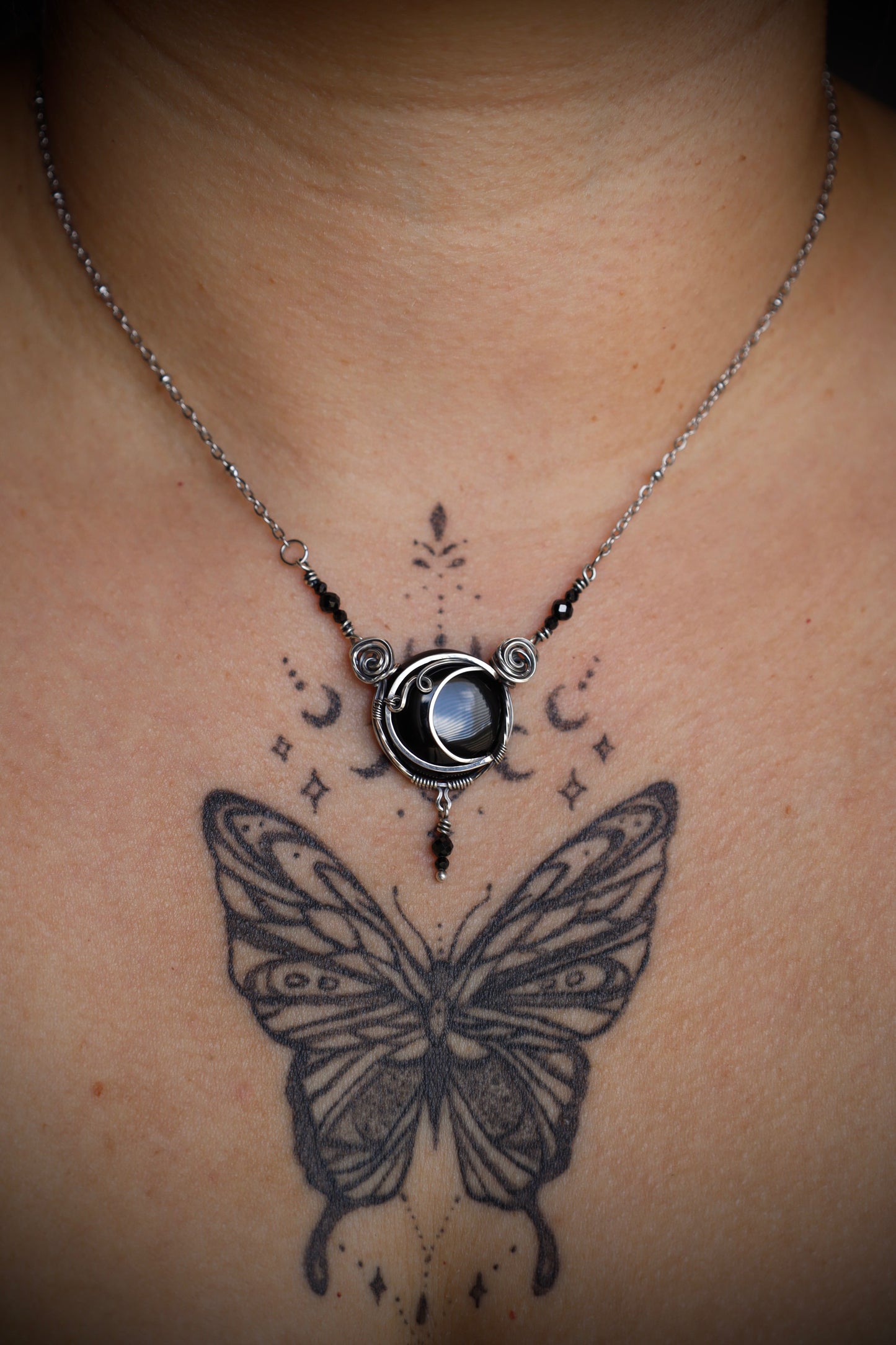 Black Onyx and Spinel Moon Pendant in Solid Sterlng Silver