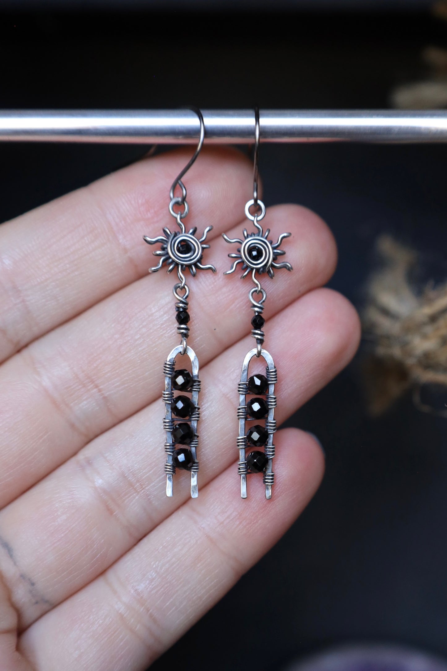 Black Spinel Sun Earrings in Solid Sterling Silver