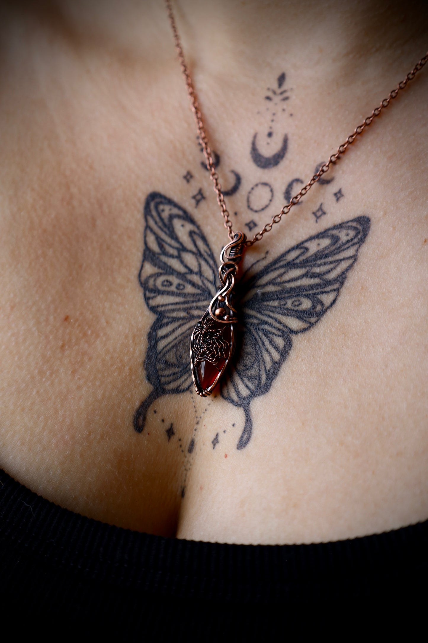 Carnelian and Black Spinel Spider-Web Pendant in Copper