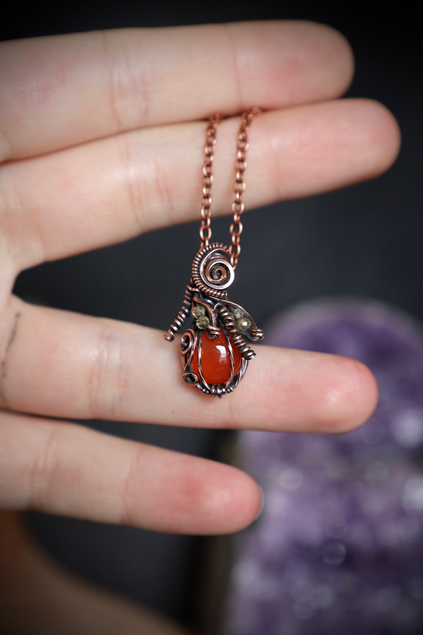 Carnelian Pumpkin and Peridot Leaf Micro Pendant in Copper