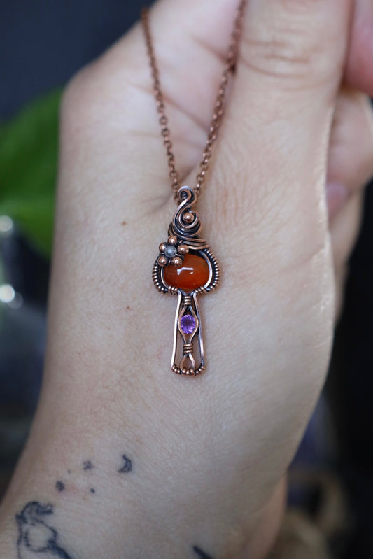 Carnelian, Amethyst and Moonstone Mushroom Mini Copper Pendant