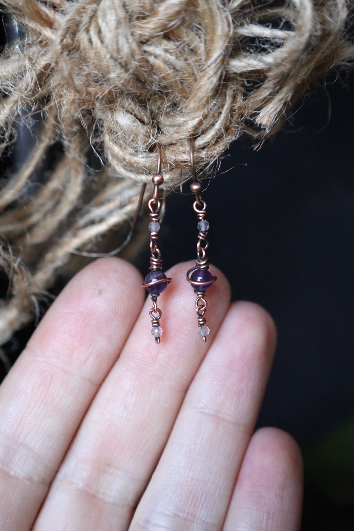 Amethyst and Labradorite Saturn Earrings in Copper