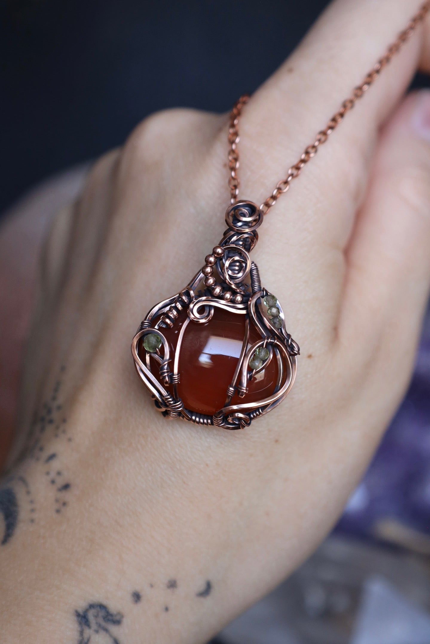 Carnelian and Peridot Pumpkin Copper Pendant