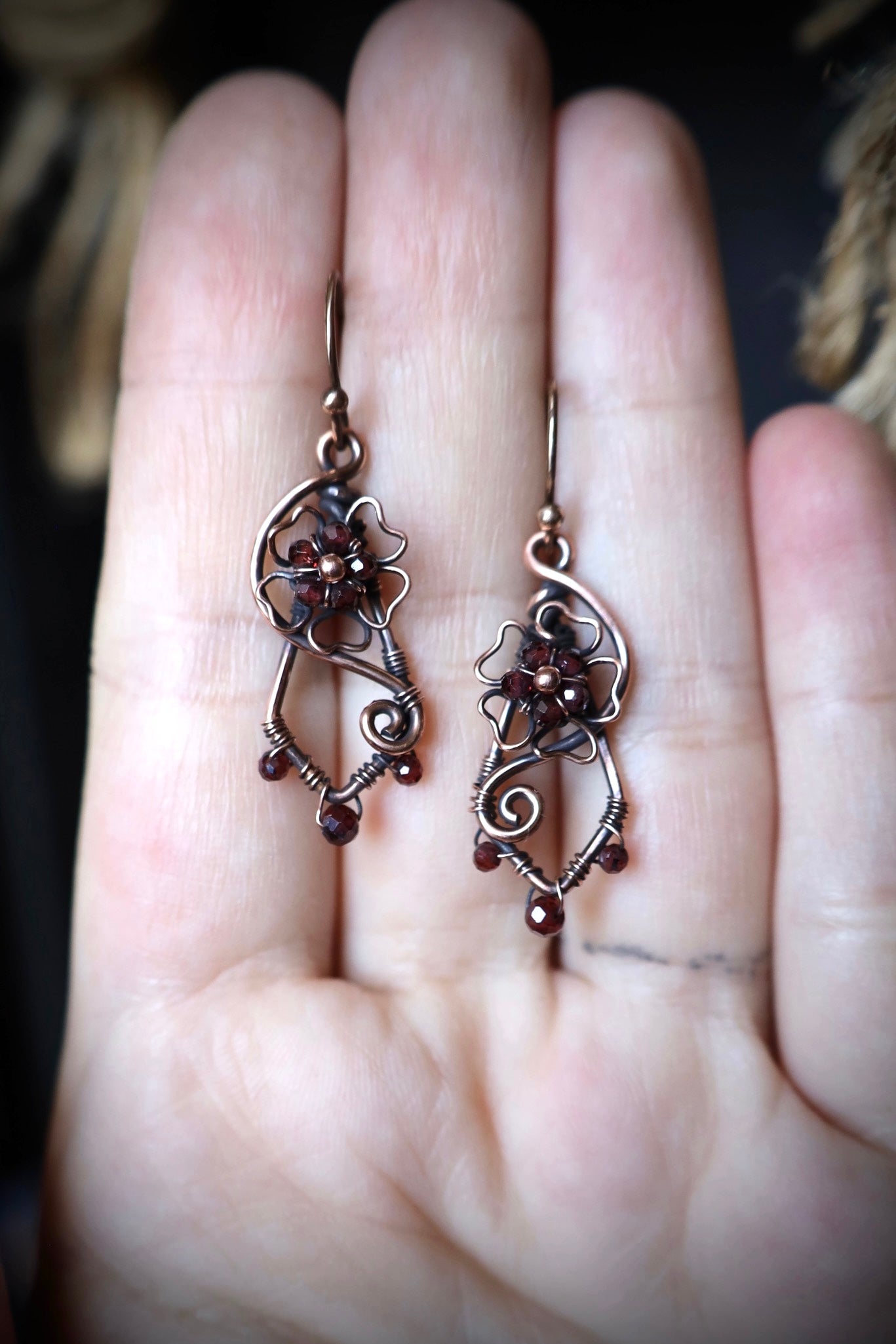 Garnet Wildflower Earrings in Copper