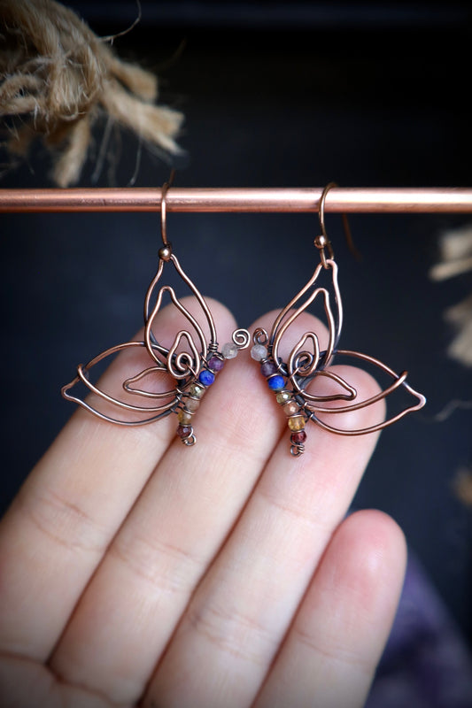 Rainbow Genuine Gemstone Butterfly Earrings in Copper