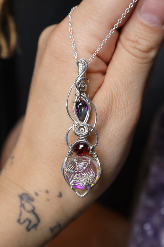 Mystic Topaz, Garnet and Aurora Quartz Spider-Web Pendant in Solid Sterling Silver